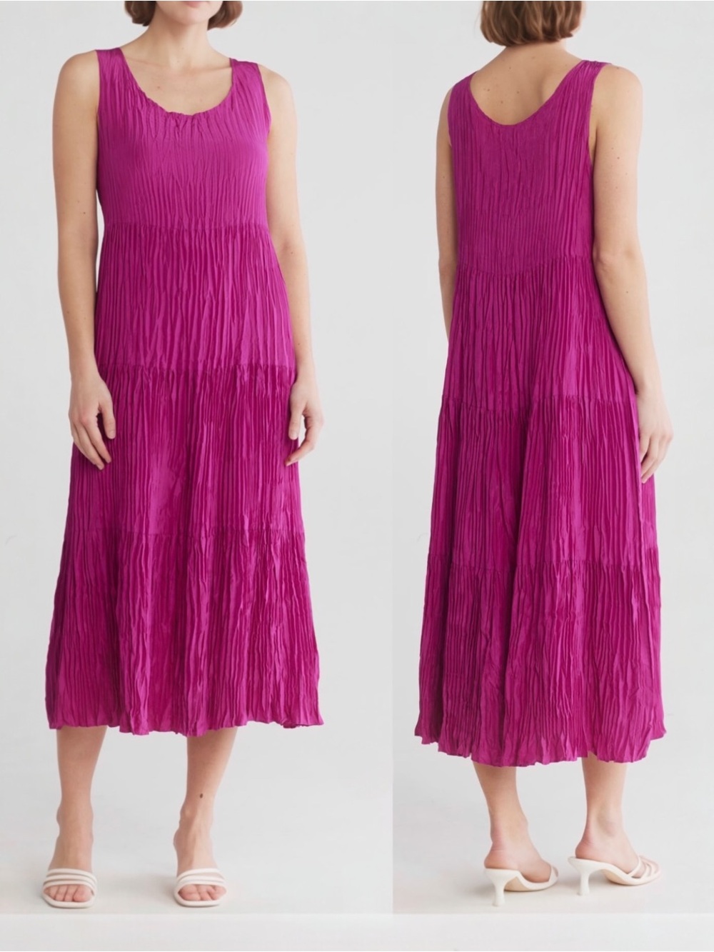 Eileen Fisher Women’s Crushed Silk Scoop Neck Sleeveless Mid Dress Magenta Pink